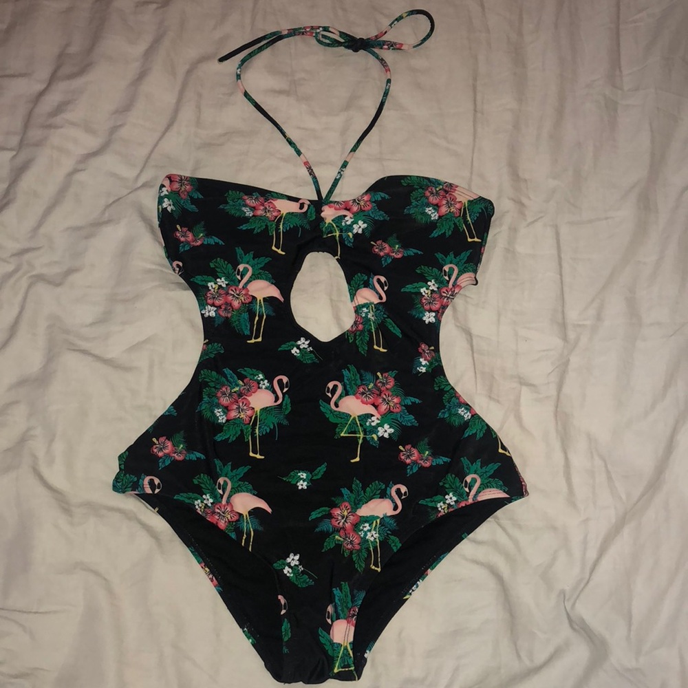 Black flamingo/floral one piece swimsuit